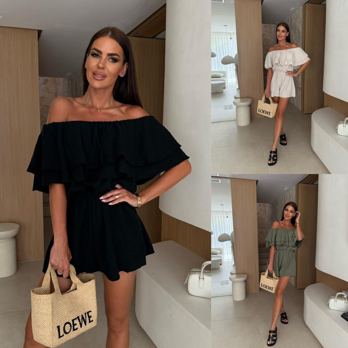 Dame Off-Shoulder Jumpsuit med Rys design og elastisk Taljebånd Stilla