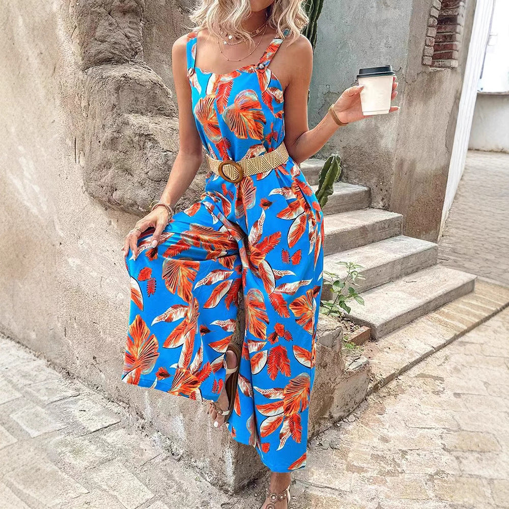 Dame maxijumpsuit med florale accenter og elastisk bånd Stilla