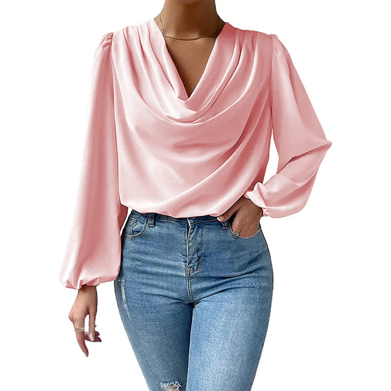 Dame elegant bluse med asymmetrisk krave og lange puffærmer Stiila