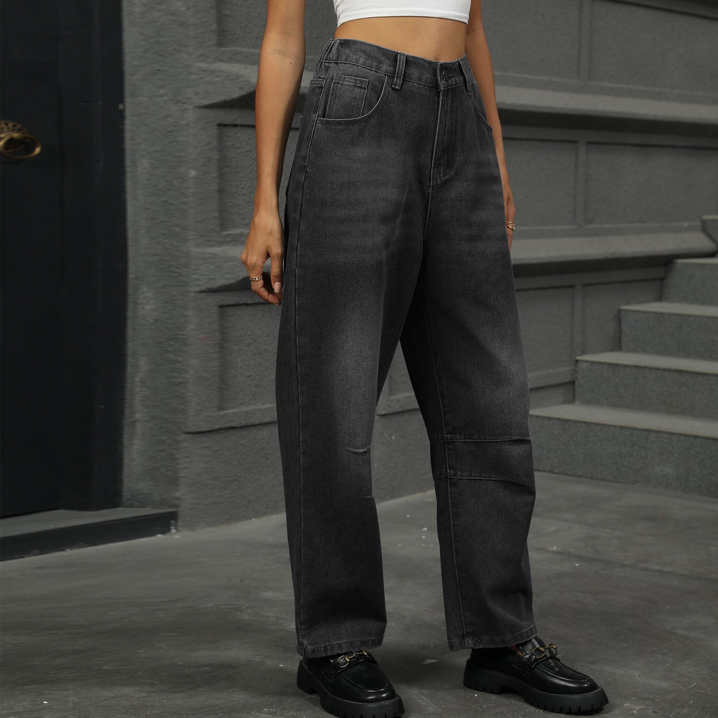 Dame løse høj talje jeans med bred ben og lommer Stilla