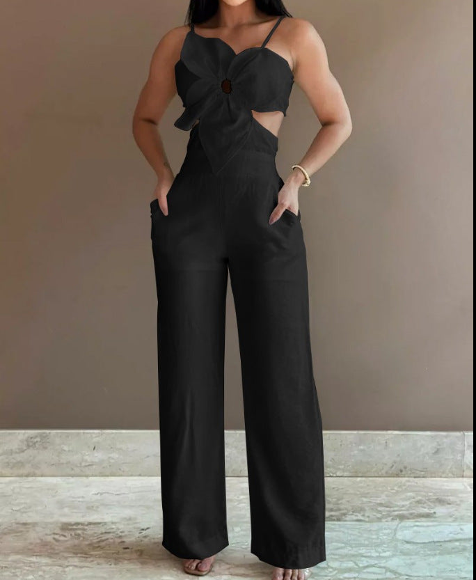 Dame jumpsuit med floral cut-out og brede ben Stilla