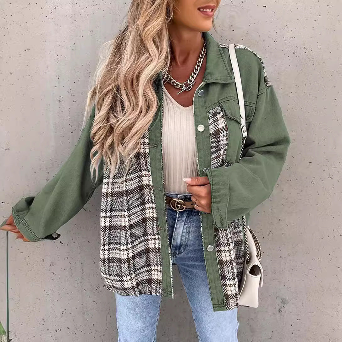 Dame Oversized Jeansjakke med ternet mønster og knapdetaljer Stilla