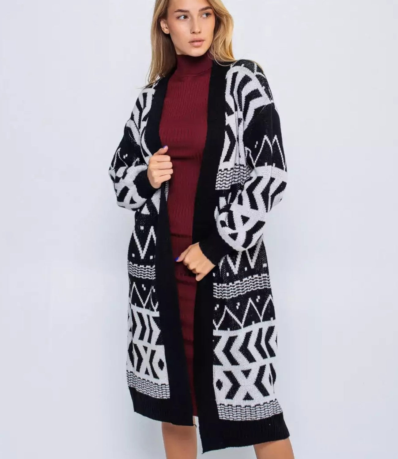 Damer lang strik cardigan med geometrisk mønster og afslappet snit Stilla