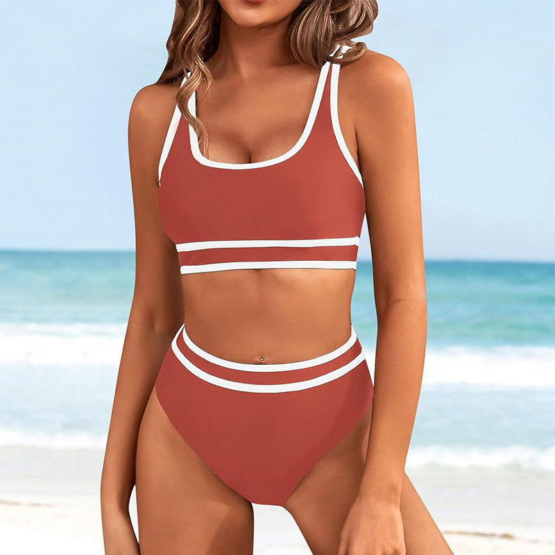 Dame Højtaljede Bikini-Sæt med sportslig Crop-Top og kontrasterende Ærmelydetails Stilla