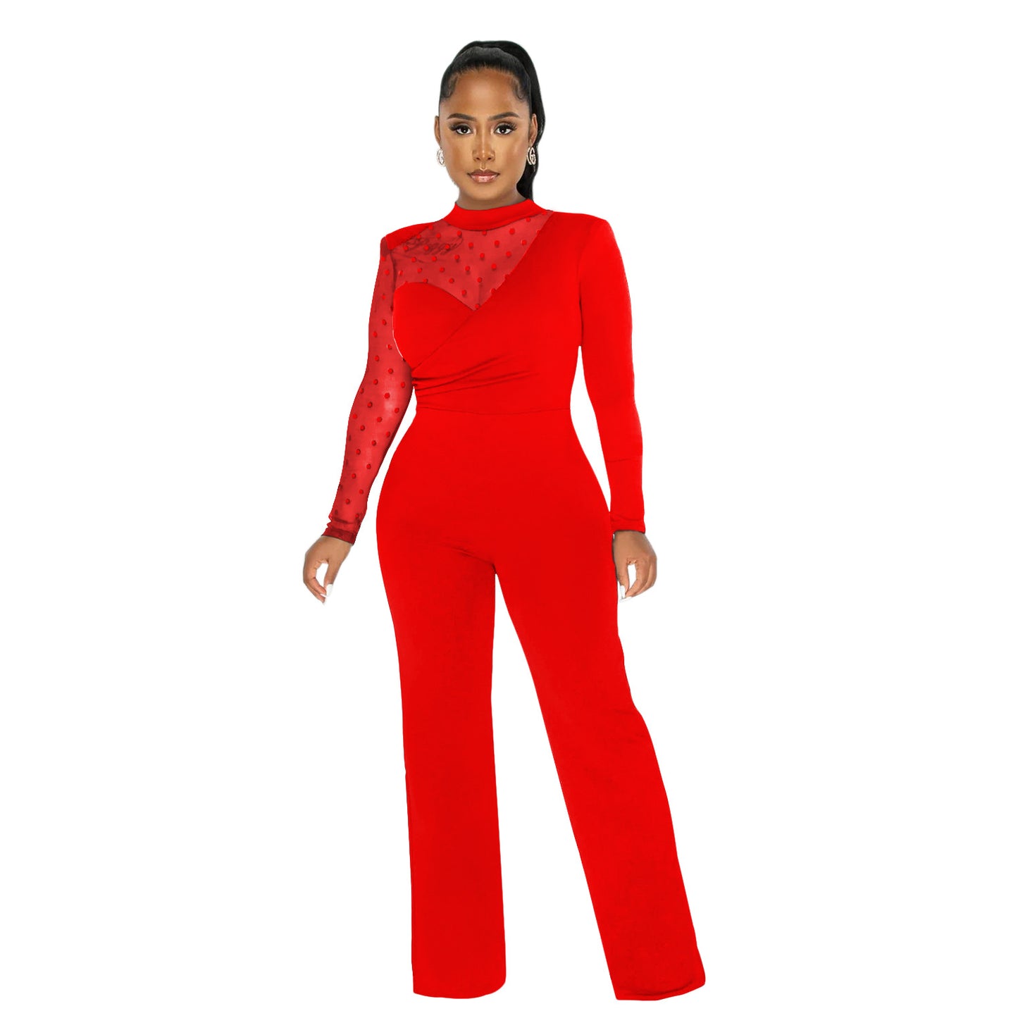 Dame Elegant Jumpsuit med transparente ærmer og stilfuld indpakningsdesign Stilla
