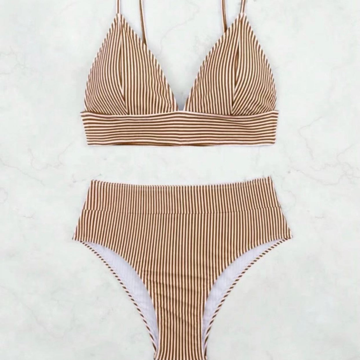 Dame Højtaljet Bikini-Sæt med sportslig pasform og moderne stribe mønster Stilla