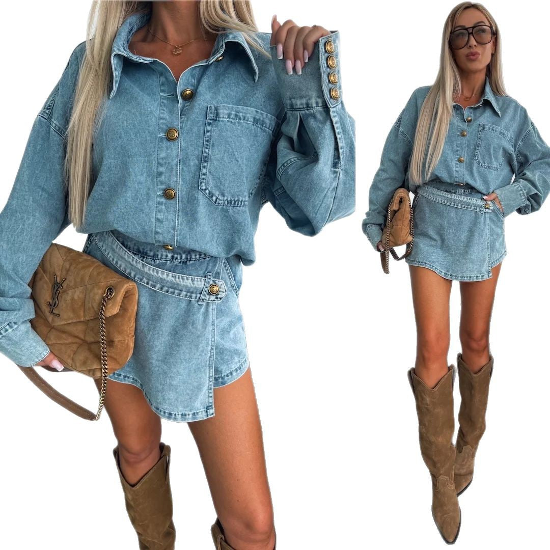 Dame Denim Skjorte med kort Jeansskørt-applikation og smart Knapdesign Stilla