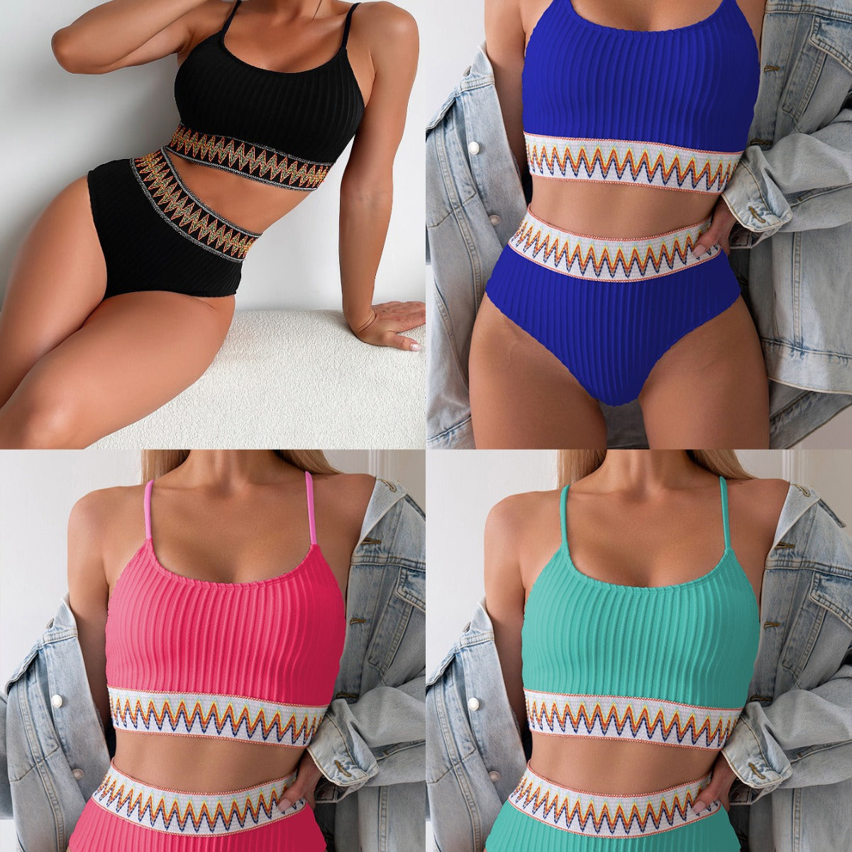 Dame bikini-sæt med trendy stribet top og højt skårede bukser Stilla