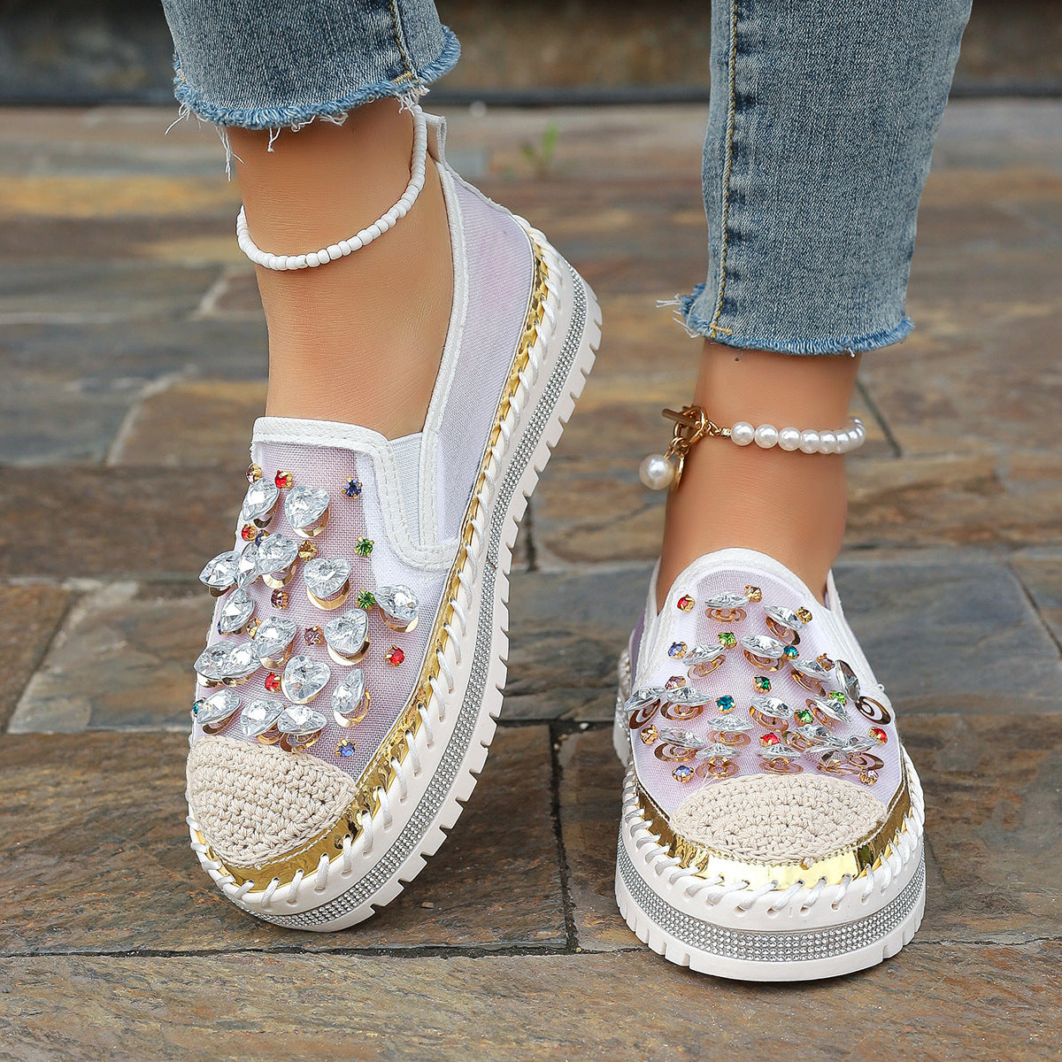 Dame Slip-On Sneakers med glitrende smykke design og behagelig sål Stilla
