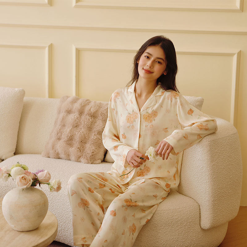 Dame Satin Pyjamasæt med blomster mønster Stilla