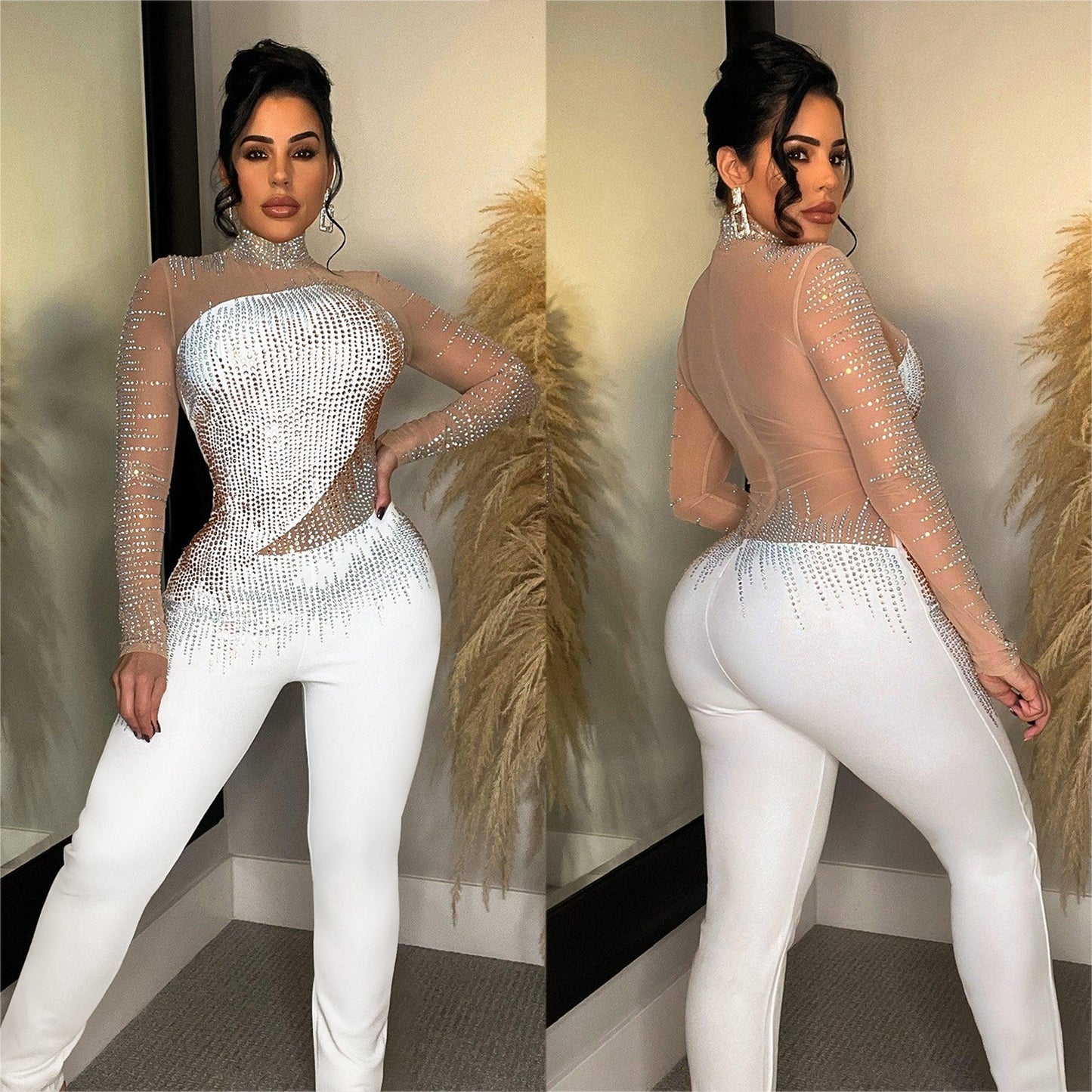 Dame Glamourøs Bodycon Jumpsuit med gennemsigtigt overdel og glitrende strassdekorationer Stilla