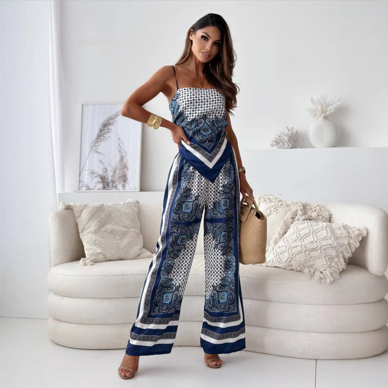 Dame jumpsuit med fine spaghetti-stropper og elegant mønster Stilla