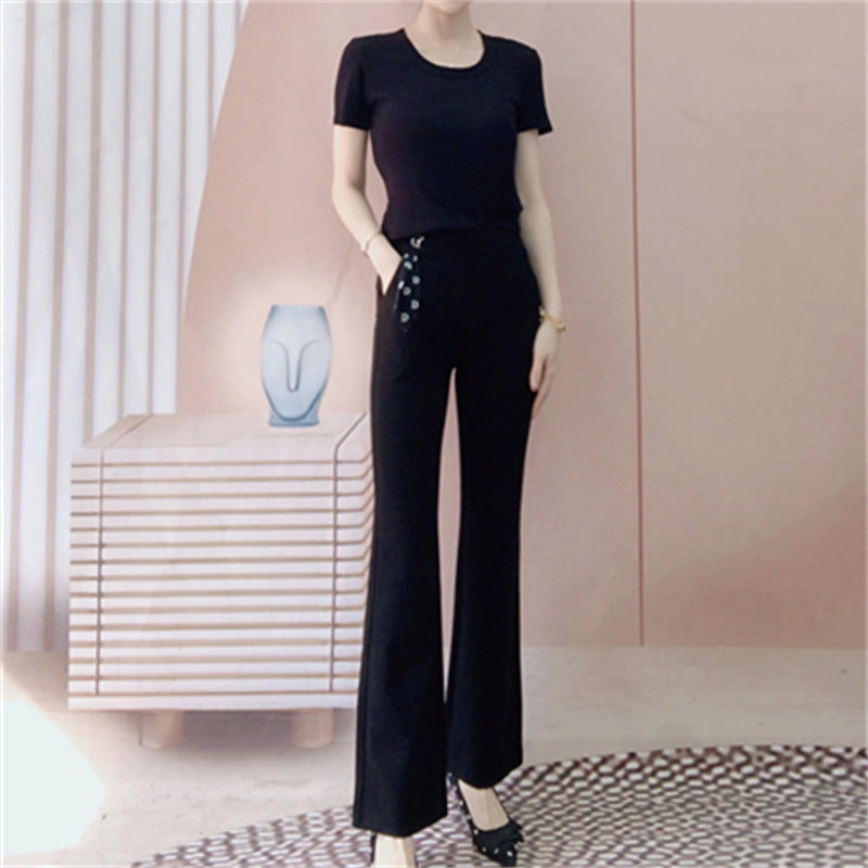 Dame elegant Flared-bukser med dekorativ snor og høj talje Stilla