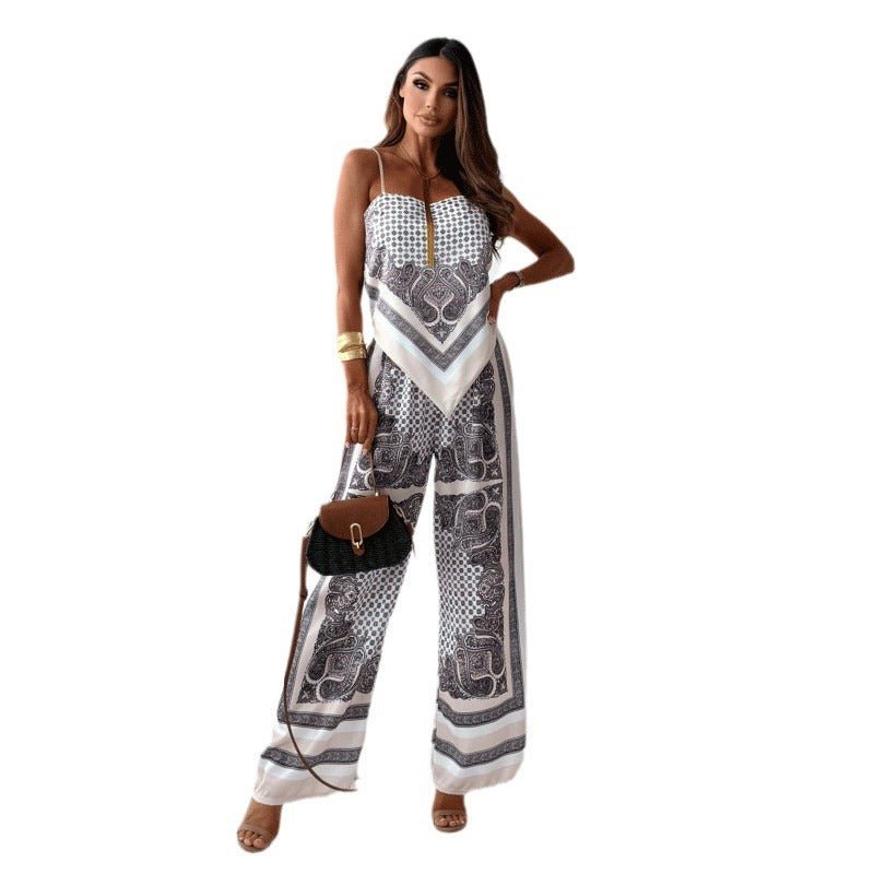 Dame maksimal bicolor jumpsuit med fine stropper og stilfuldt mønster Stilla