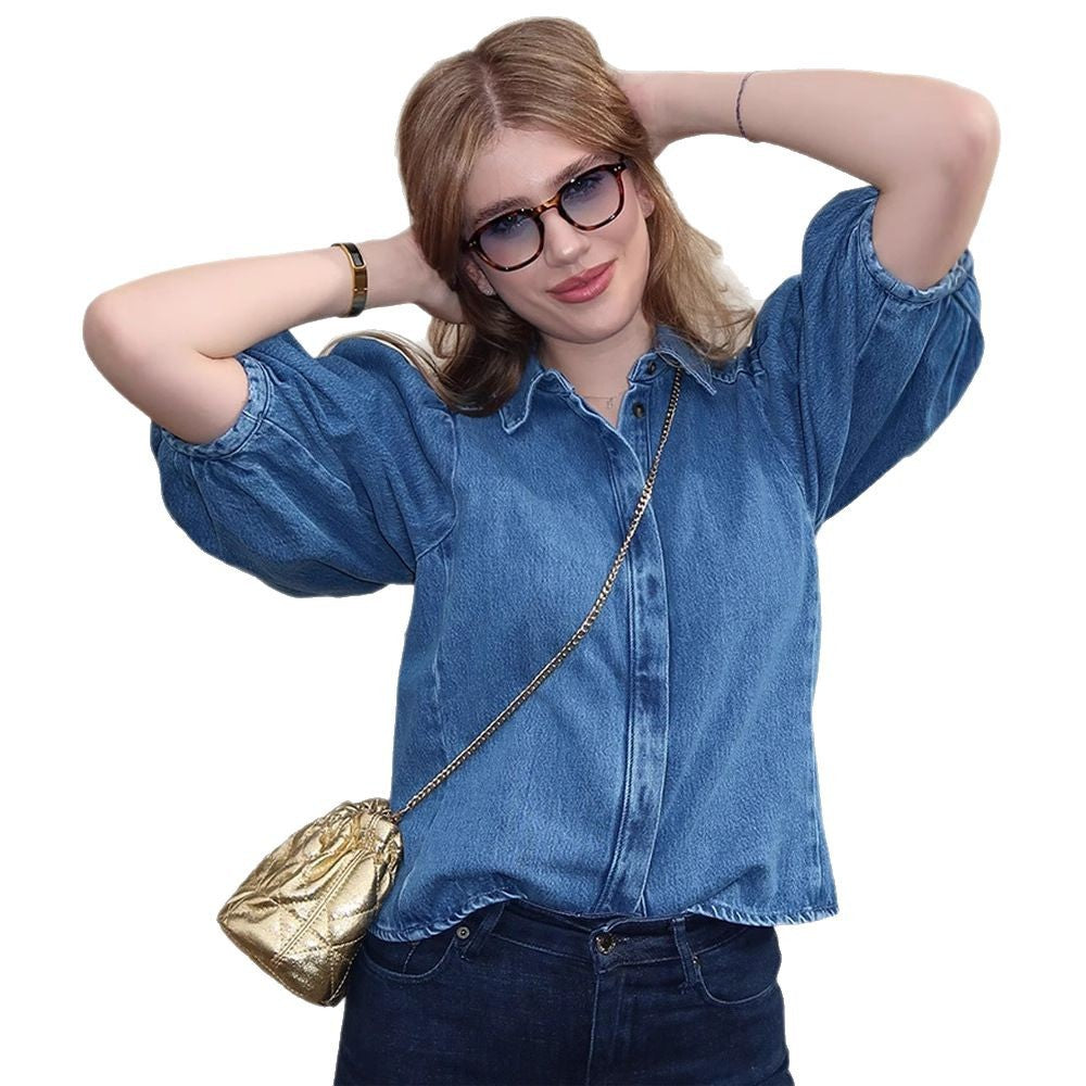Dame Denim-bluse med voluminøse puffærmer Stilla