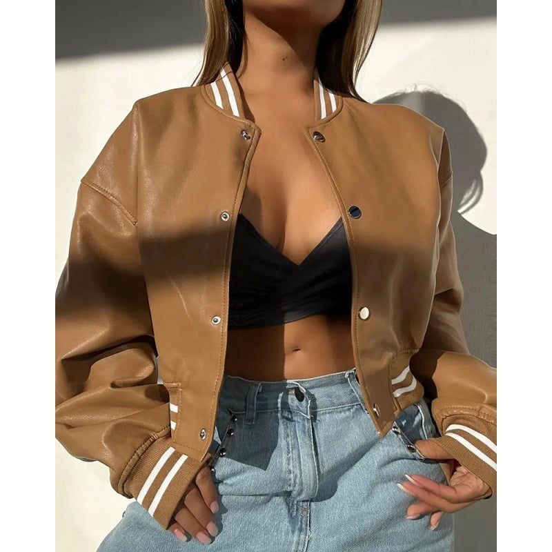 Dame afslappet læderjakke i retro-stil med kontrasterende striber Stilla