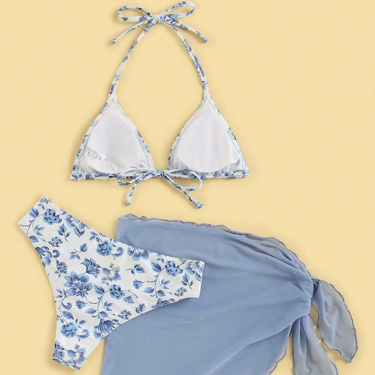 Dame Triangel-Bikini-Sæt med romantisk blomstermønster og elegant Pareo Stilla