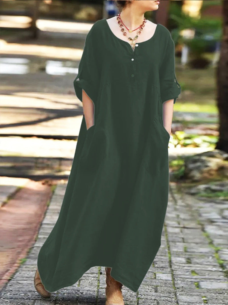 Dame afslappet langærmet kjole med praktiske lommer og knapdetaljer Stilla