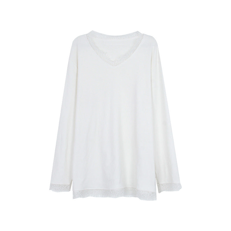 Dame afslappet langærmet skjorte med fine spidsdetaljer og sideknude Stilla