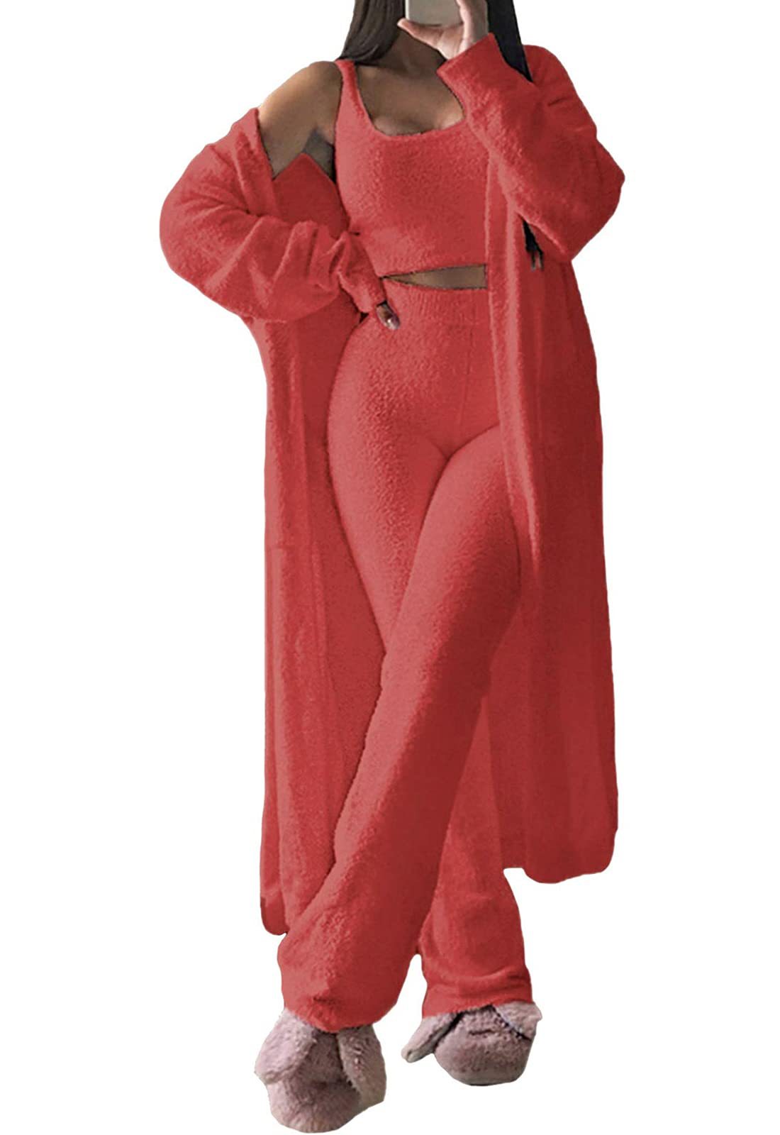 Dame komfortabel strik-loungewear-sæt med cardigan og dyb talje Stilla