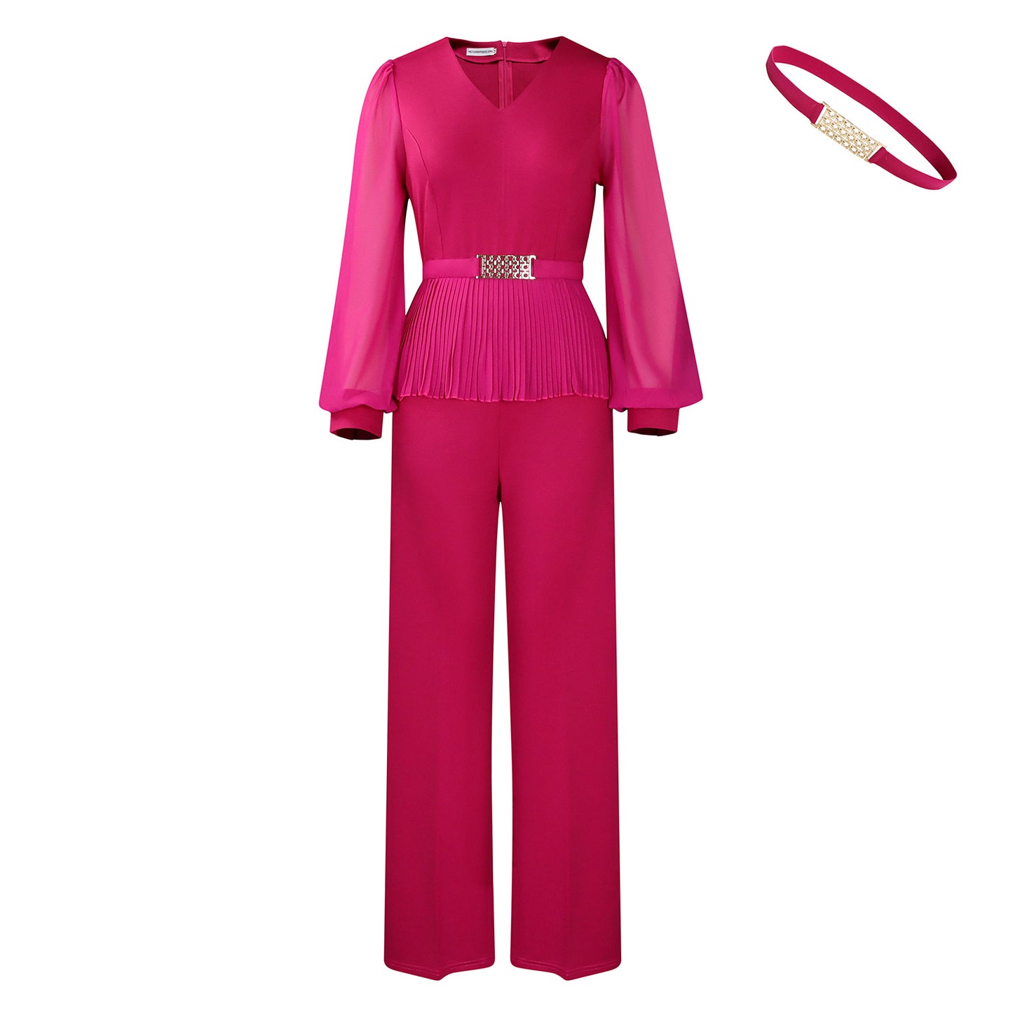 Dame elegant Plissé-jumpsuit med voluminøse ærmer og taljebælte Stilla