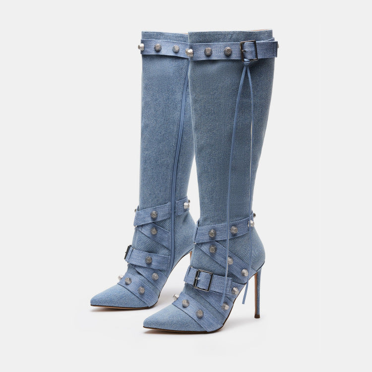 Femme Spidse-Tå Høj-Hælet Denim Over-knæ Støvler Stilla