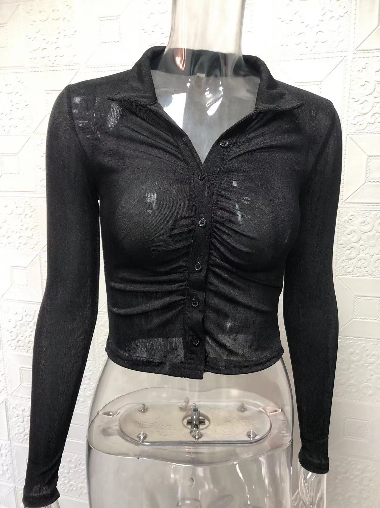 Dame Cropped Langærmet med Rynkning og Knapliste Stiila