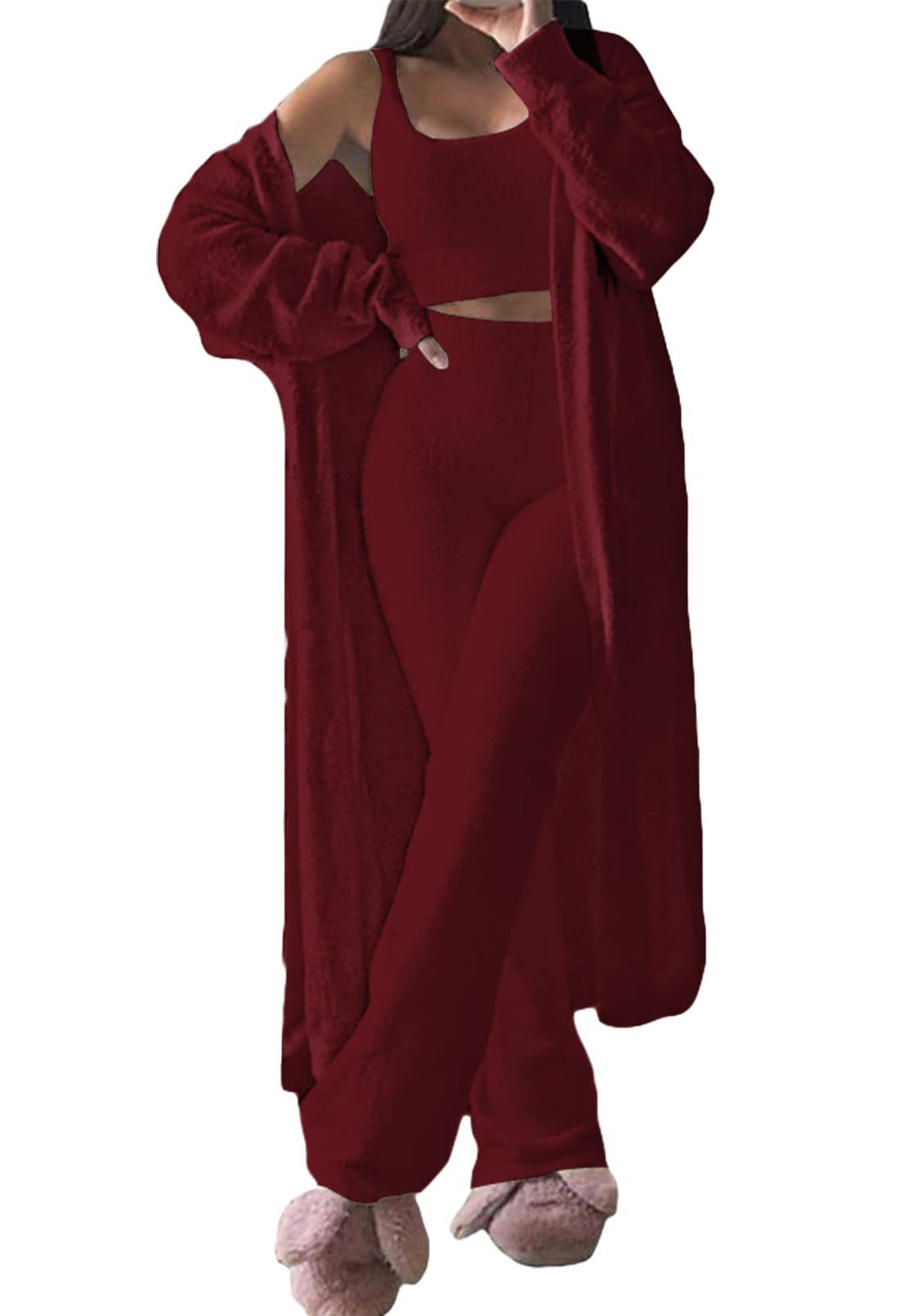 Dame komfortabel strik-loungewear-sæt med cardigan og dyb talje Stilla