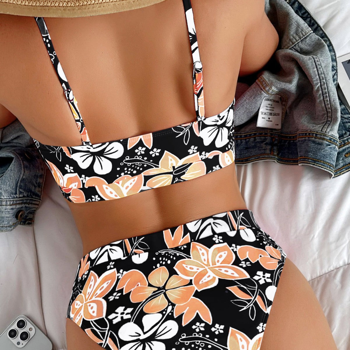 Dame Højtaljet Bikini-Sæt med blomster mønstre og sporty top Stilla