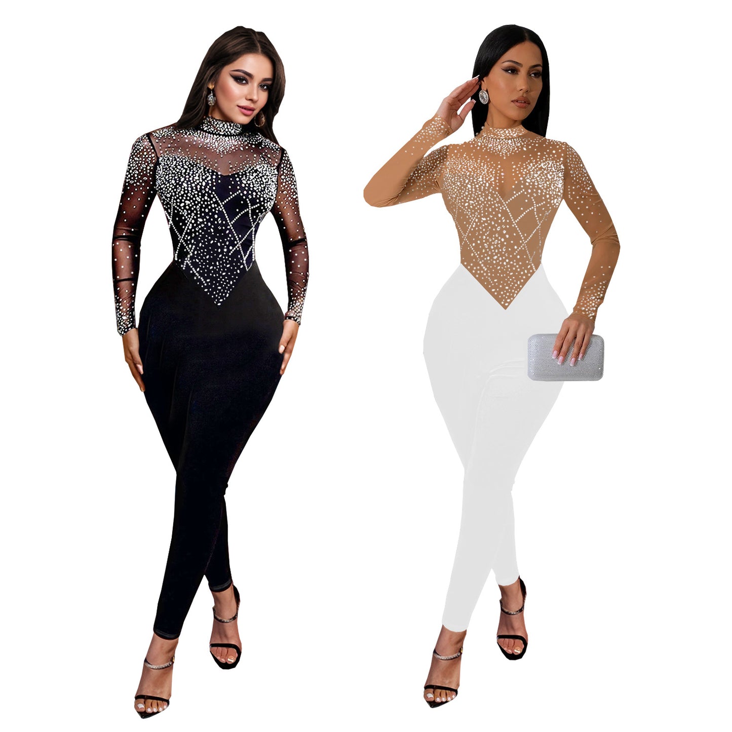 Dame Glamourøs Bodycon Jumpsuit med gennemsigtigt mesh og glitrende strass dekorationer Stilla