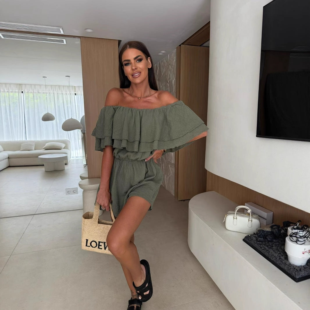 Dame Off-Shoulder Jumpsuit med Rys design og elastisk Taljebånd Stilla