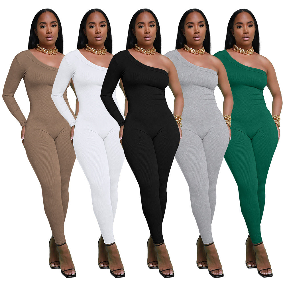 Dame Asymmetrisk Langærmet Jumpsuit i ribbet materiale Stilla