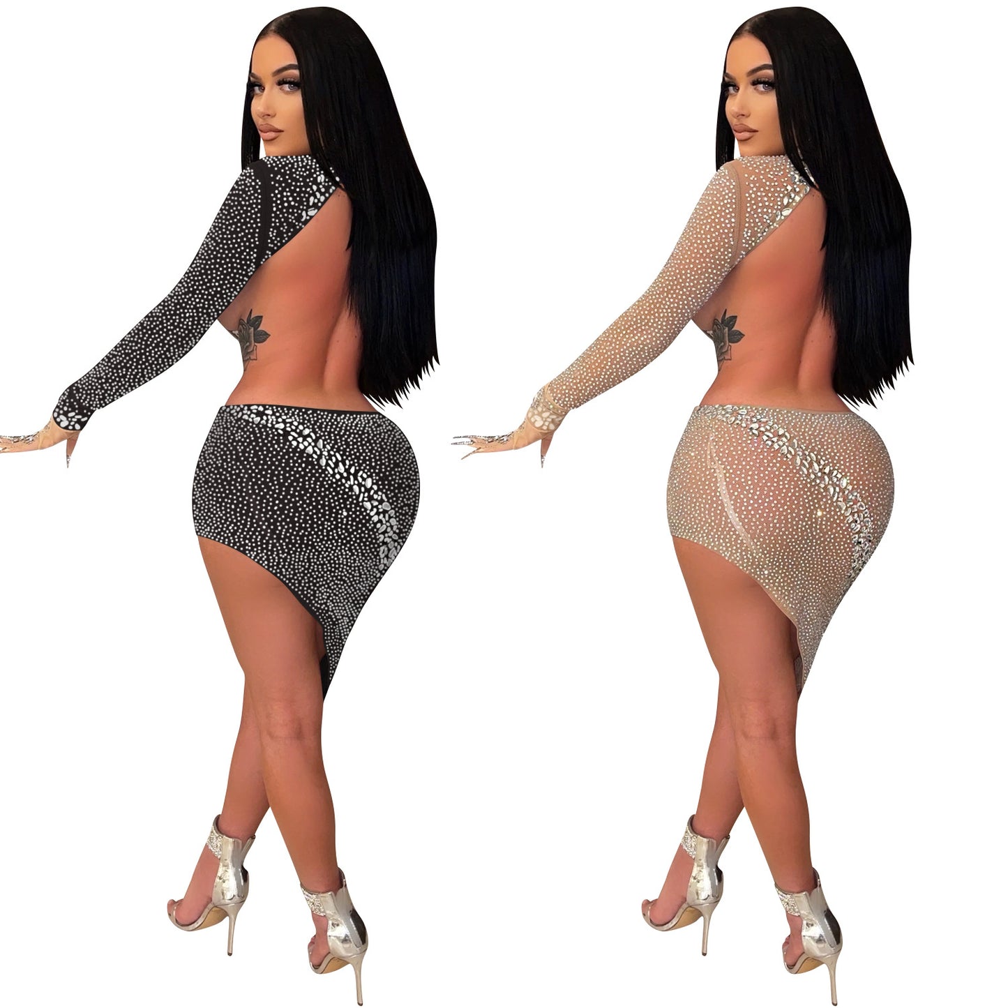 Dame Cut-Out Minikjole med asymmetrisk design og glitrende pailletter Stilla