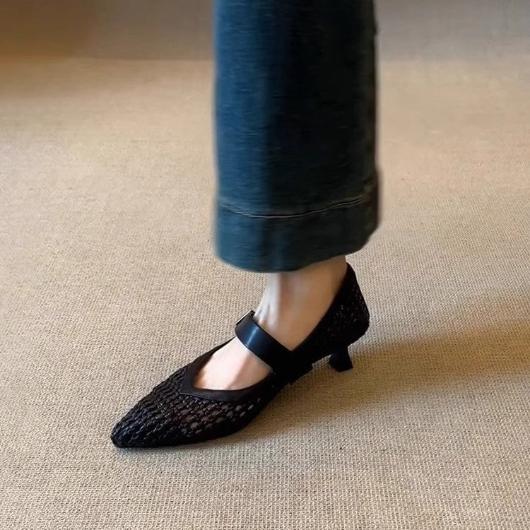 Dame Woven Spids Tå Mary Jane Flats med justerbar rem Stilla
