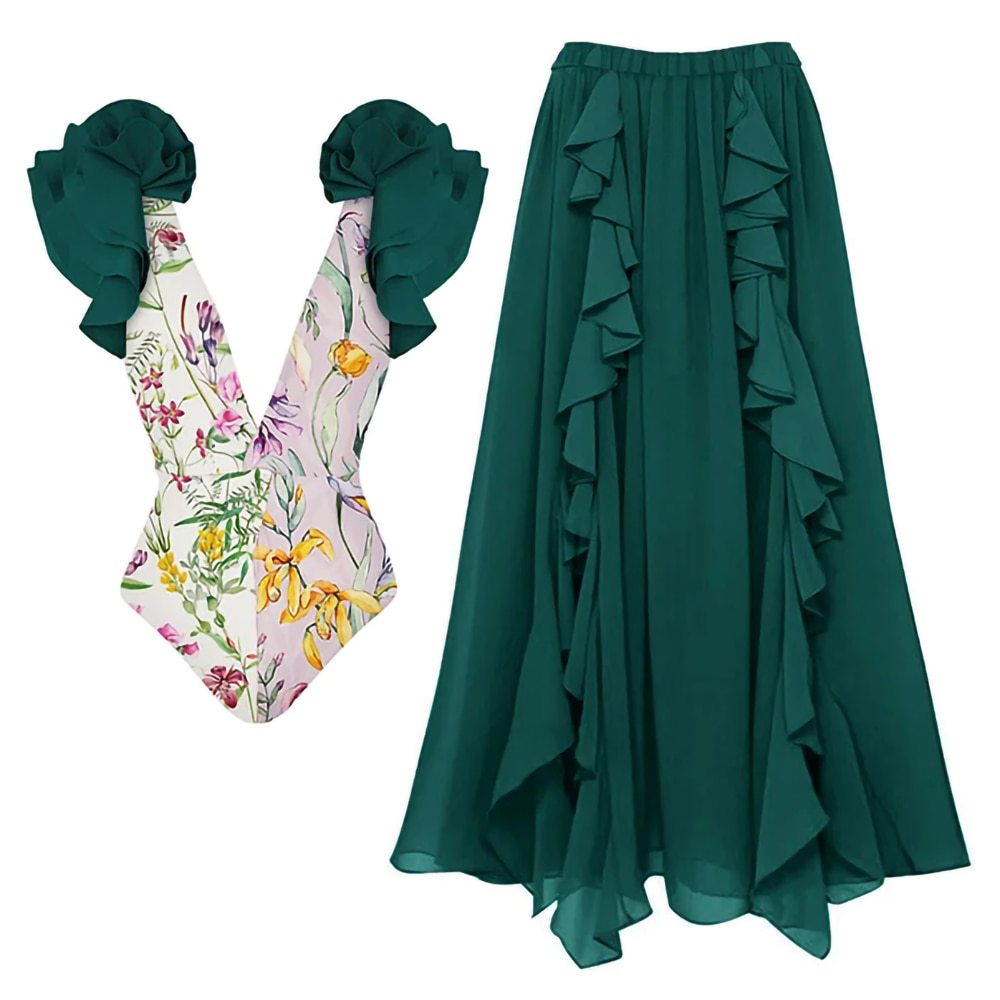 Dame ruffle nederdel med blomster toppen Stilla