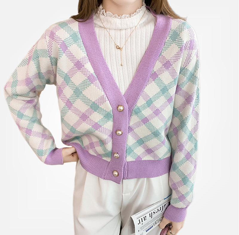 Dame moderigtig strikcardigan med ternet mønster og elegant knapliste Stilla