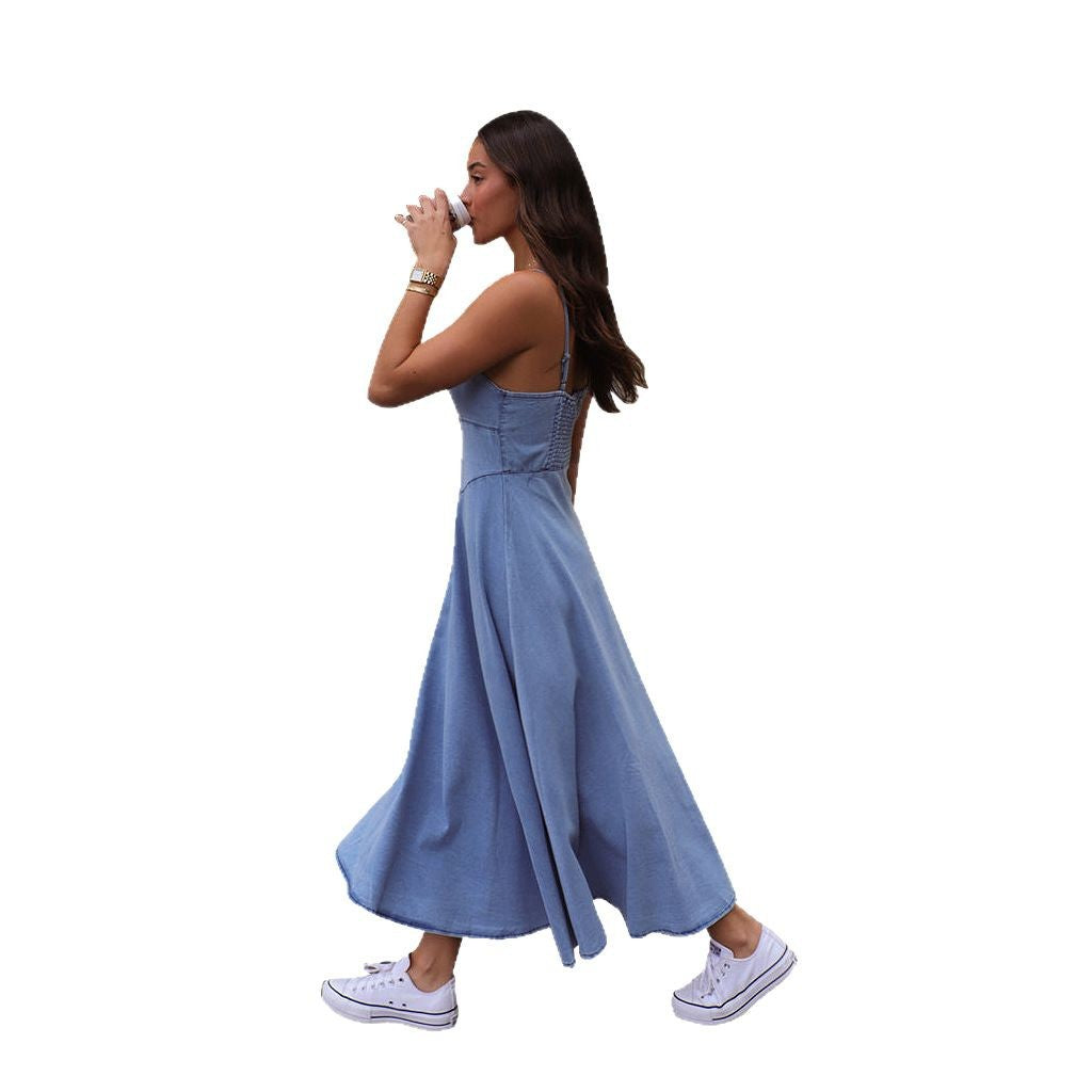 Dame Denim Maxi-kjole med corsage-design og fine spaghetti-stropper Stilla