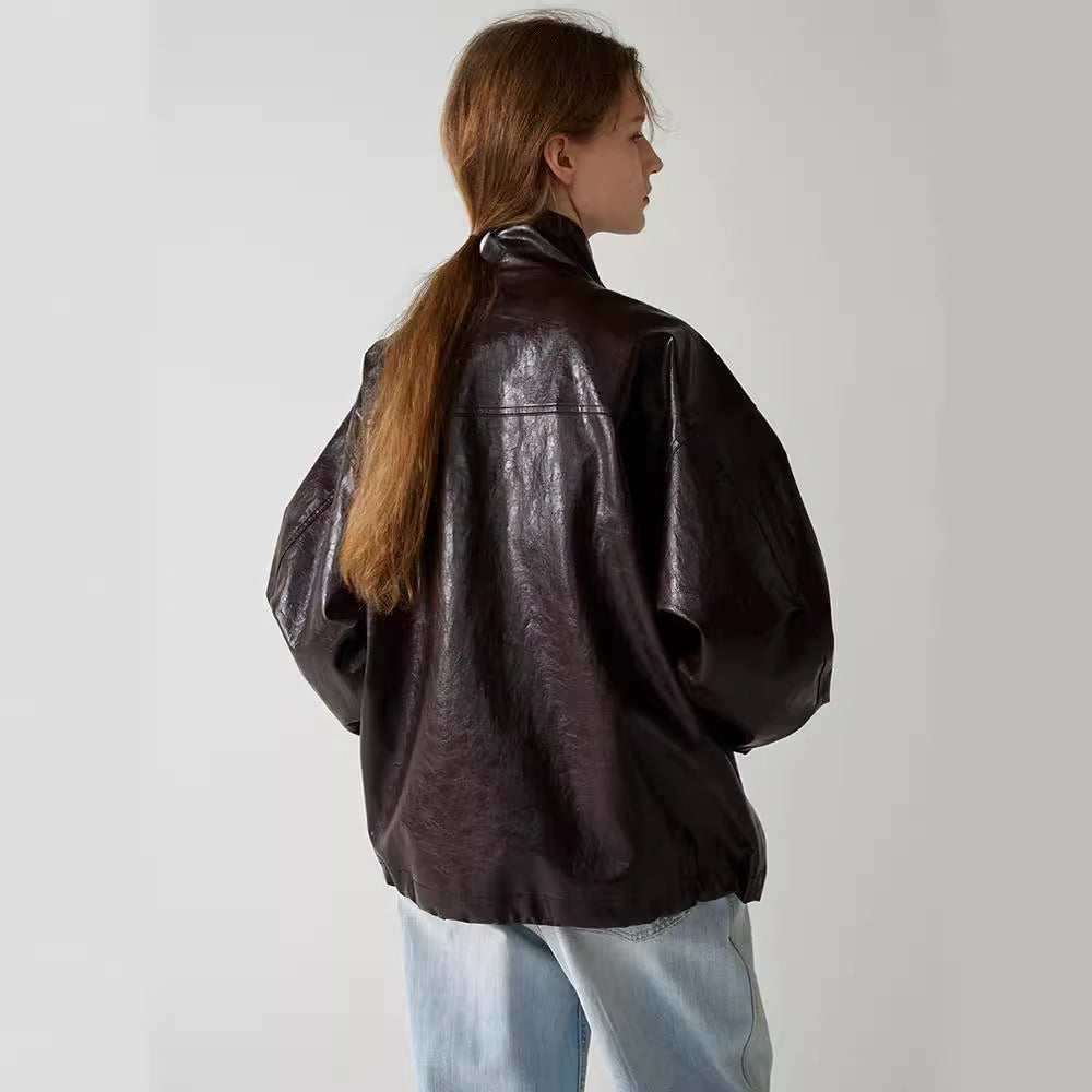 Dame afslappet oversized læderjakke med struktureret design og praktiske detaljer Stilla