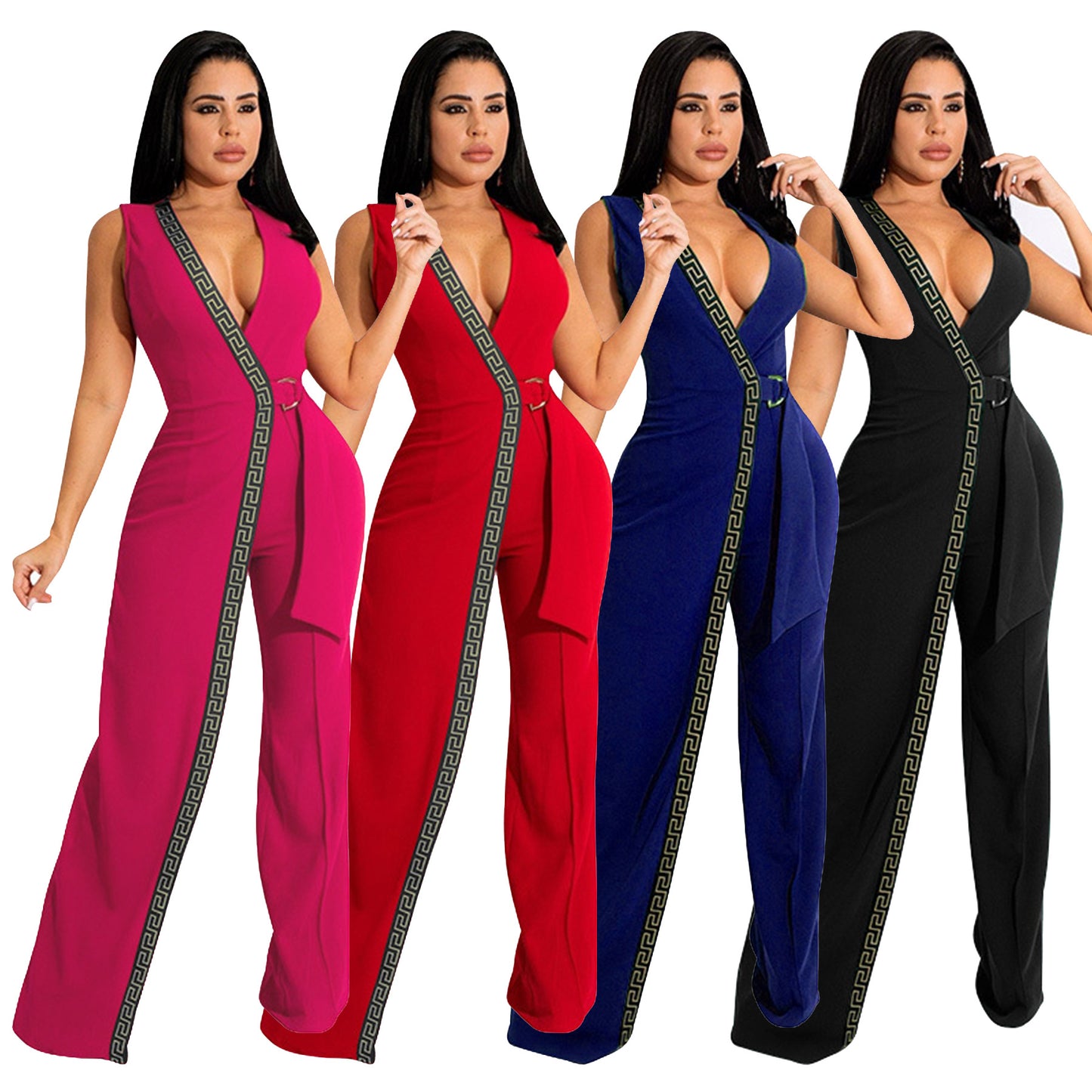 Dame Mode Jumpsuit med dyb V-udskæring og sidelæns bindebælte Stilla