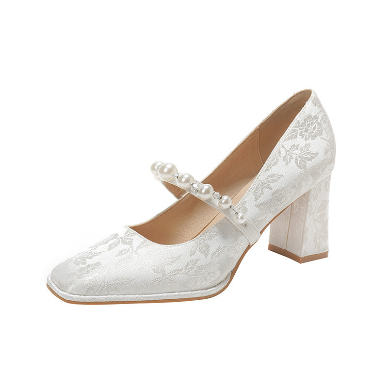 Dame Elegant Blokhæl Mary Jane Pumper med Dekorativ Perlekæde Stilla