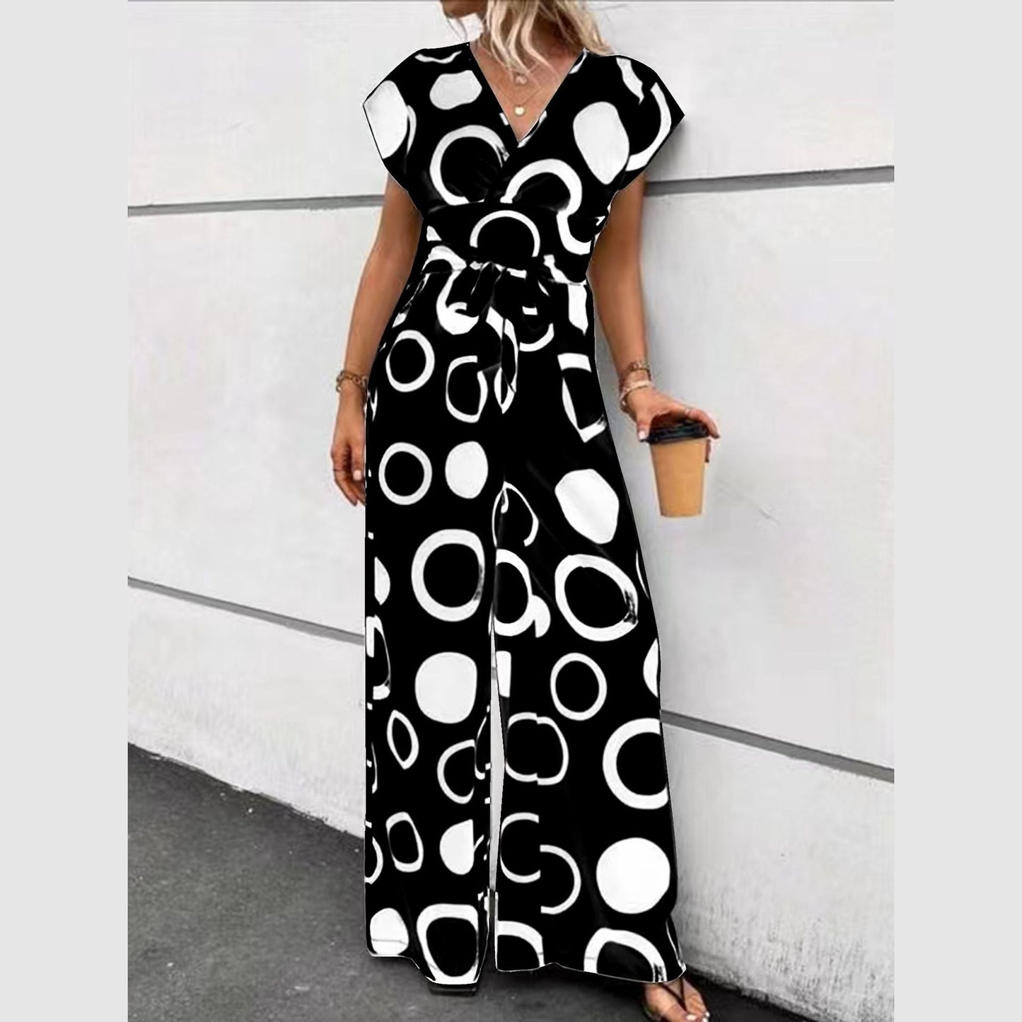 Dame Elegant Jumpsuit med grafisk cirkelmønster og taljebælte Stilla