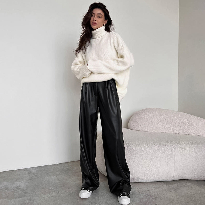 Dame Elegant Høj Talje Kunstlæderbukser med Bred Ben og Bælte Stilla