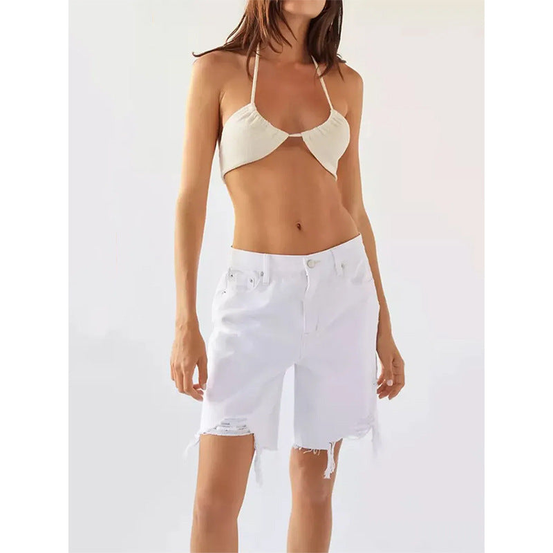 Dame Destroyed Jeans-Shorts med frynset kant og løs pasform Stilla