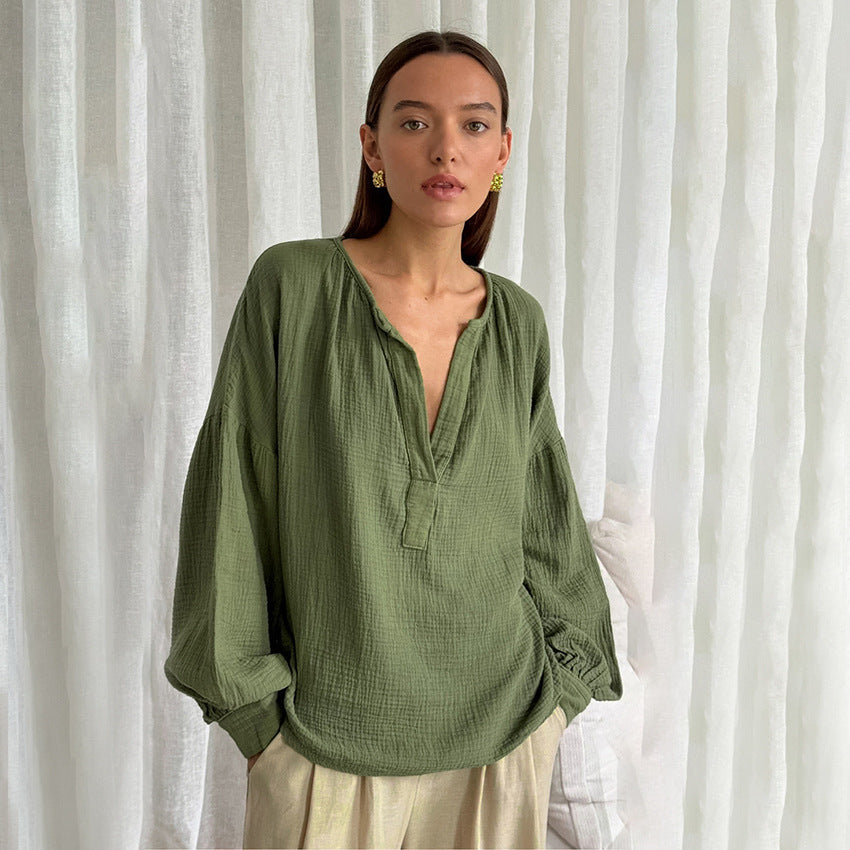 Dame afslappet langærmet bluse med halv-høj krave lavet af let bomuldsstof Stilla