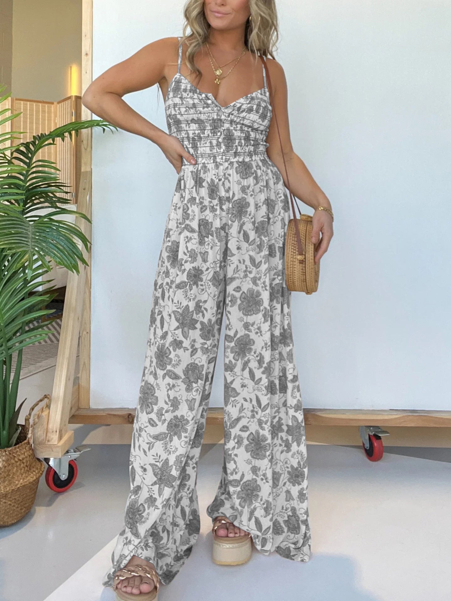 Dame luftig jumpsuit med blomstermønster og elastisk talje Stilla