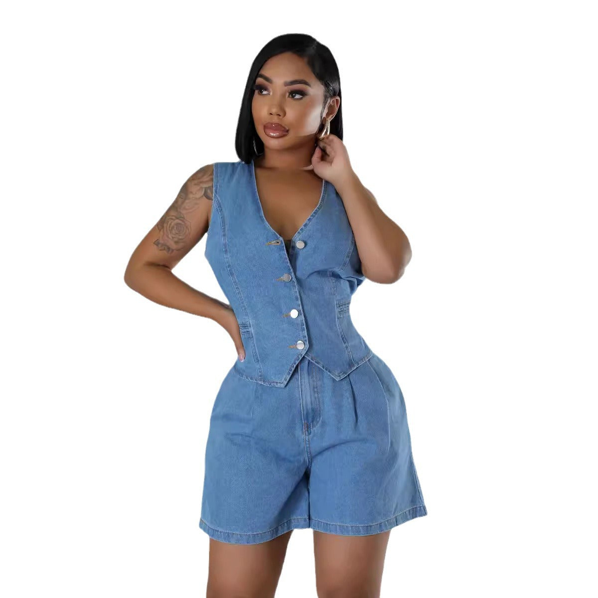 Dame Denim- jumpsuit med tætsiddende pasform og knapdesign Stilla