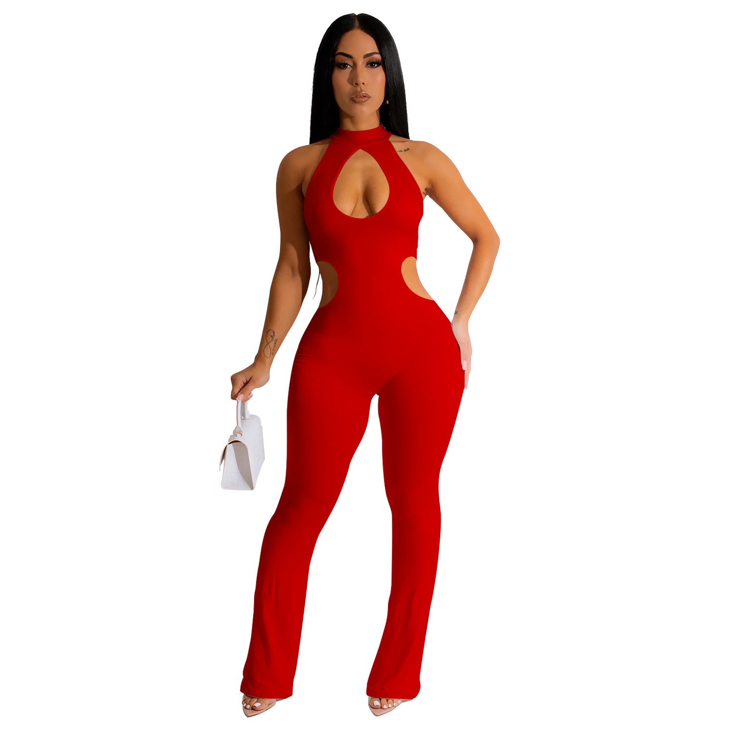 Dame Figurtilpasset Cut-Out Jumpsuit med høj krave og sideløbende udskæringer Stilla