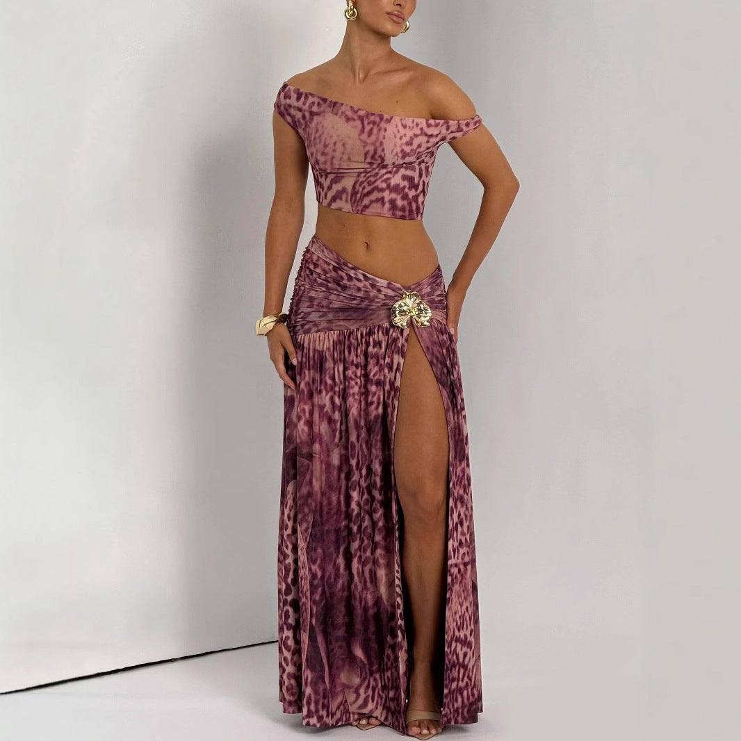 Dame Crop-Top og Maxi-nederdel Sæt med elegant leopardmønster Stilla