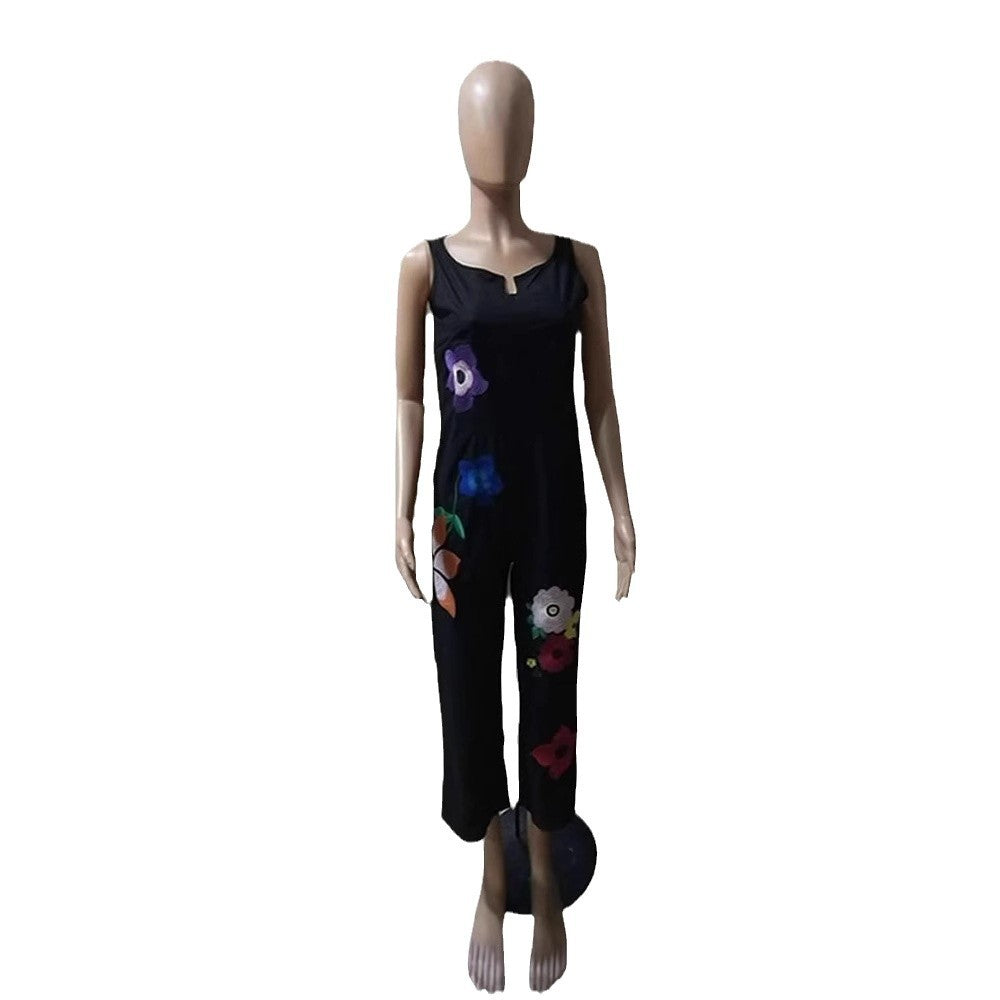 Dame jumpsuit med farverige broderier og bredt ben Stilla