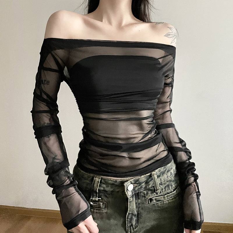 Dame Transparent Bluse med spændende flæse design og elegante ærmer Stilla